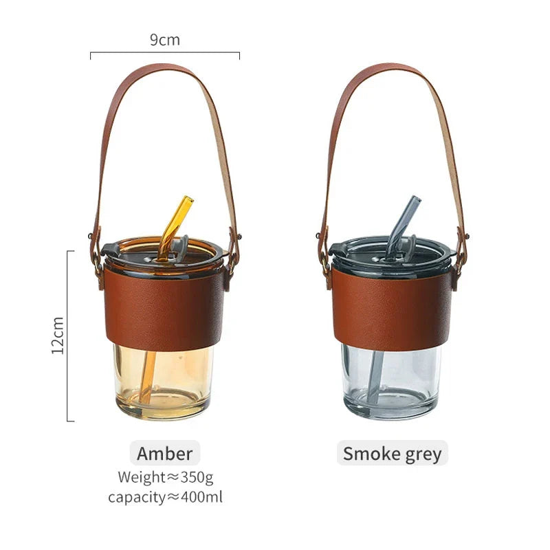 Artfan 450ml Glass Coffee Cup with Lid and Straw | Stylish Heat-Resistant Glass Mug