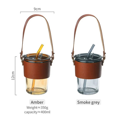 Artfan 450ml Glass Coffee Cup with Lid and Straw | Stylish Heat-Resistant Glass Mug