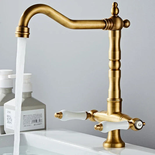 Artfan Antique Brass Kitchen Faucet with Dual Handles and 360° Rotation