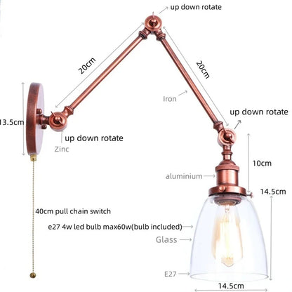 Artfan Adjustable Glass Swing Arm LED Wall Sconce with Pull Chain Switch