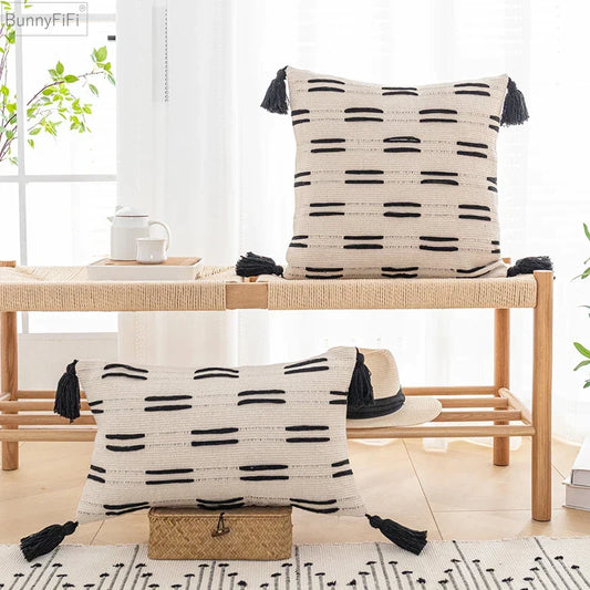 Artfan lighting Black Ivory Mustard Tassel Woven Cushion Cover for Home Decoration