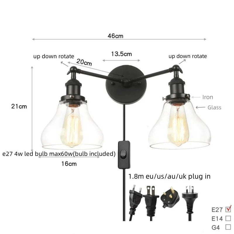 Artfan lighting Black LED Wall Lamp Sconce Industrial Loft Vintage Bathroom Mirror Light