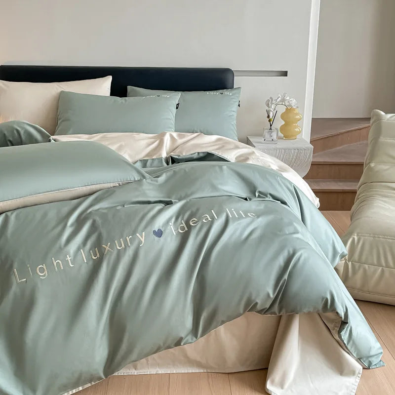 Artfan 120S Long Staple Cotton Satin Embroidery Bedding Set - Solid Color Twin Full Double Comforter