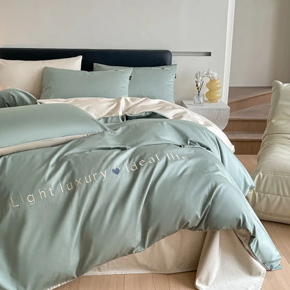 Artfan 120S Long Staple Cotton Satin Embroidery Bedding Set - Solid Color Twin Full Double Comforter