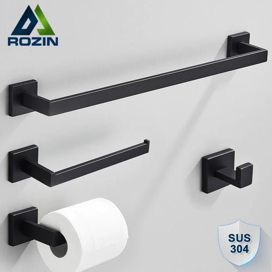 Artfan lighting Black Stainless Steel Bathroom Accessories Set: Towel Bar, Paper Holder, Hook & Bath Rack