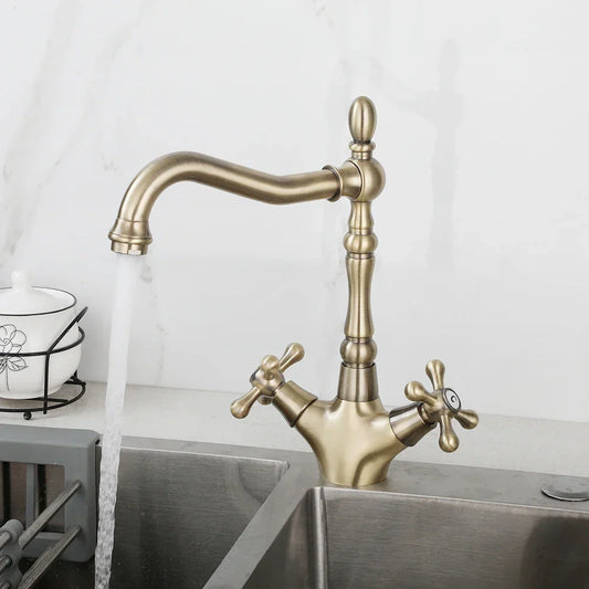 Artfan Antique Brass Dual Handle Swivel Sink Faucet Rotated Mixer Tap