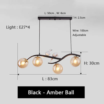 Artfan lighting Birds Hanging Glass LED Chandelier in Black & Gold Iron - Modern Kitchen Island Light