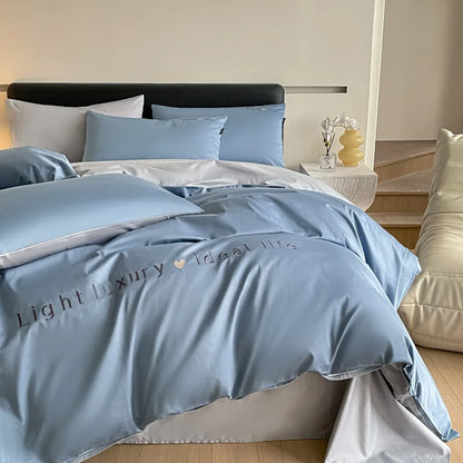 Artfan 120S Long Staple Cotton Satin Embroidery Bedding Set - Solid Color Twin Full Double Comforter