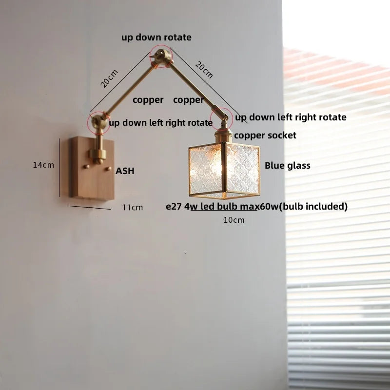 Artfan Ash Wood LED Wall Lights Swing Arms Blue Glass Bedside Lamp