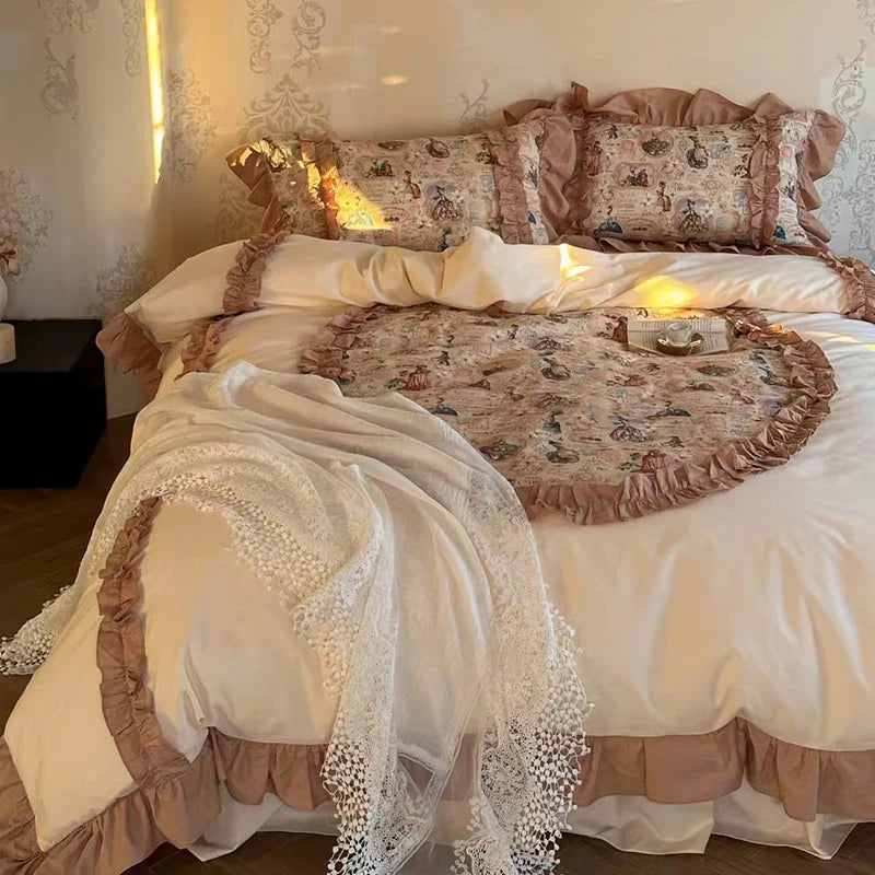Artfan 100% Cotton French Print Lace Ruffles Bedding Set - 4 Piece Bed Sets