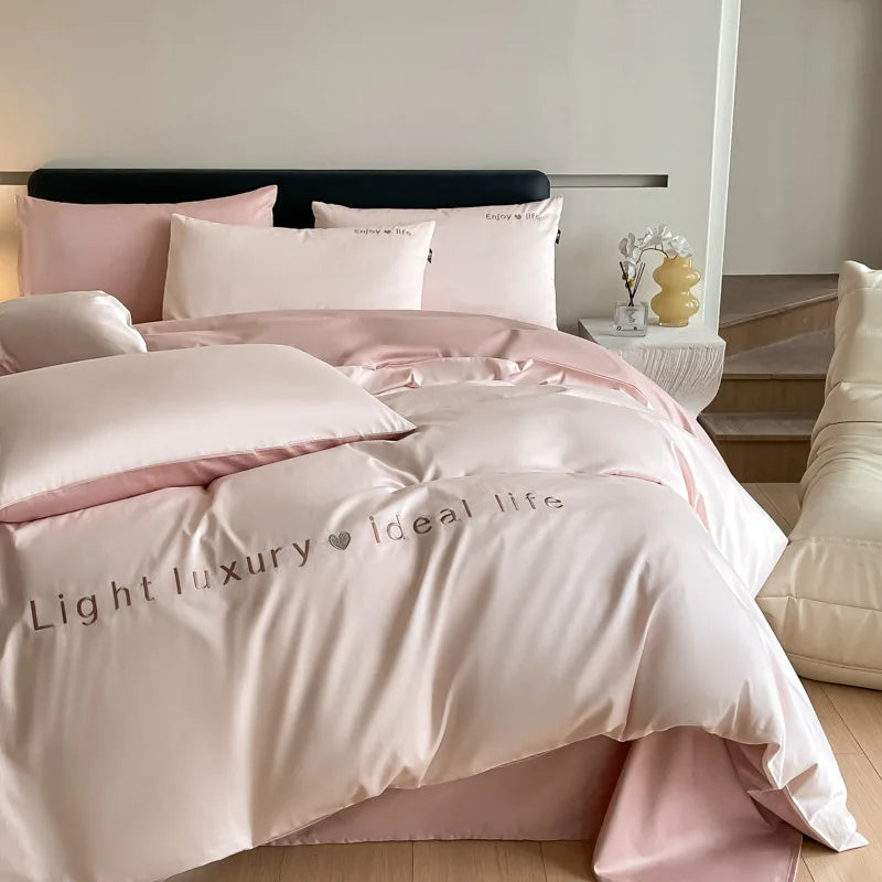 Artfan 120S Long Staple Cotton Satin Embroidery Bedding Set - Solid Color Twin Full Double Comforter