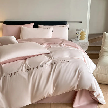 Artfan 120S Long Staple Cotton Satin Embroidery Bedding Set - Solid Color Twin Full Double Comforter