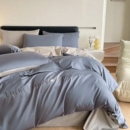 Artfan 120S Long Staple Cotton Satin Embroidery Bedding Set - Solid Color Twin Full Double Comforter