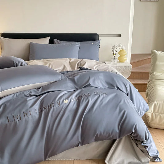 Artfan 120S Long Staple Cotton Satin Embroidery Bedding Set - Solid Color Twin Full Double Comforter