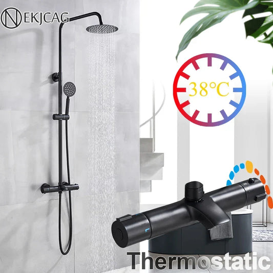 Artfan lighting Black Shower Faucet Set with Thermostatic Control and 8" Rainfall Head