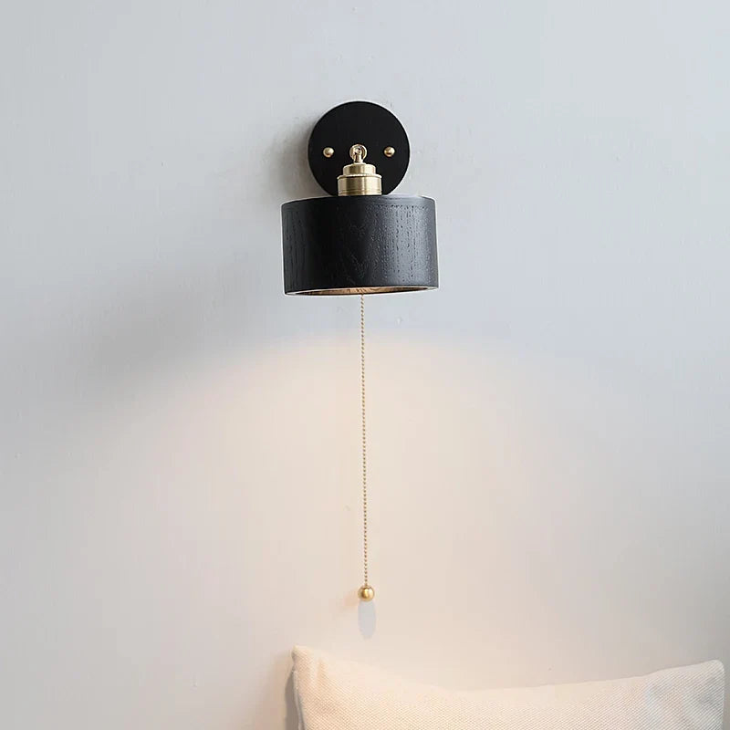 Artfan lighting Black Wood LED Wall Light with Pull Chain Switch, Rotating Japanese Style Bedside Lamp