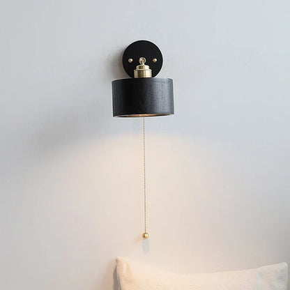 Artfan lighting Black Wood LED Wall Light with Pull Chain Switch, Rotating Japanese Style Bedside Lamp