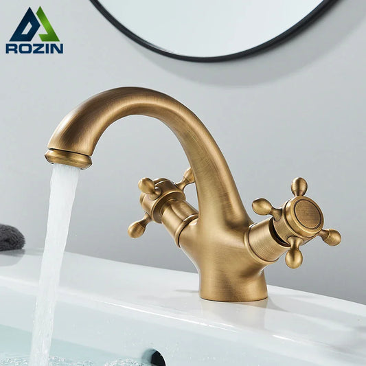 Artfan Antique Brass Dual Handle Basin Faucet Deck Mounted Bathroom Mixer Tap