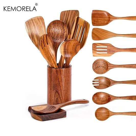 Artfan 9-Piece Wooden Cooking Utensils Set with Holder - Teak Kitchen Tools