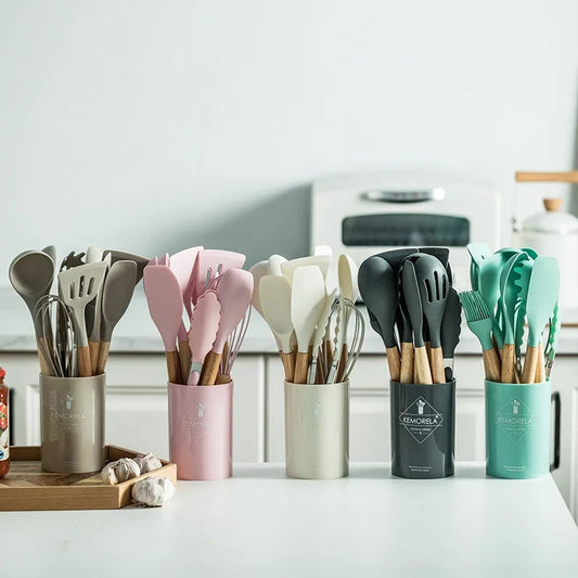 Artfan 13-Piece Silicone Kitchen Utensil Set with Storage Box - Non-Stick Cooking Tools and Measuring Spoons