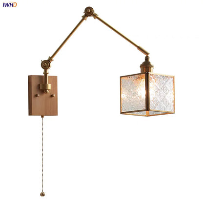 Artfan Ash Wood LED Wall Lights Swing Arms Blue Glass Bedside Lamp