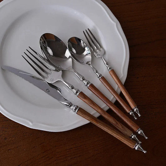 Artfan 5-Piece Stainless Steel Western Tableware Set, Solid Wood Handle, Natural Yellow