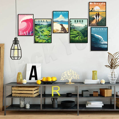 Artfan Bali Surfing Poster - Uluwatu, Canggu, Pererenan Estuary, Borobudur, Komodo, Rice Field Illustration