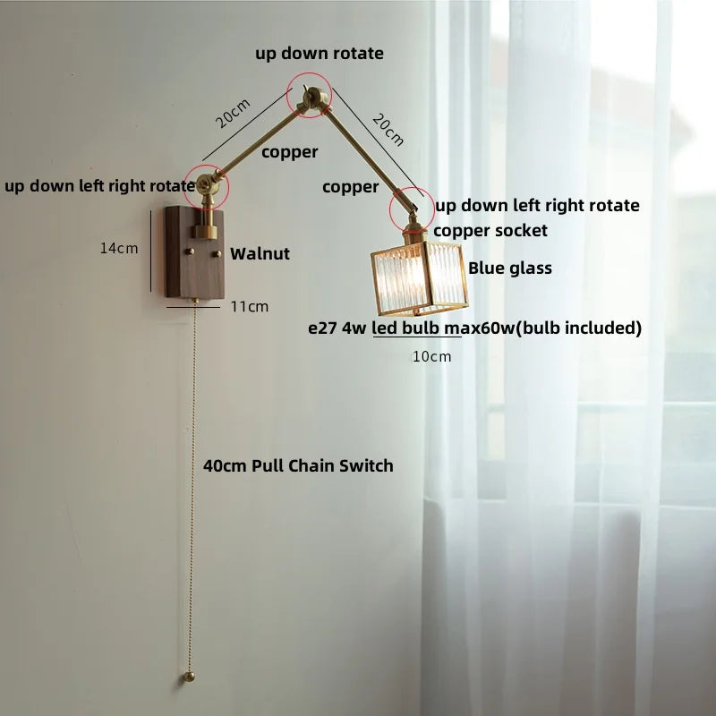 Artfan Ash Wood LED Wall Lights Swing Arms Blue Glass Bedside Lamp