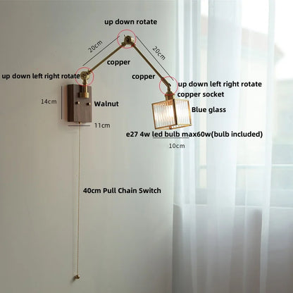Artfan Ash Wood LED Wall Lights Swing Arms Blue Glass Bedside Lamp