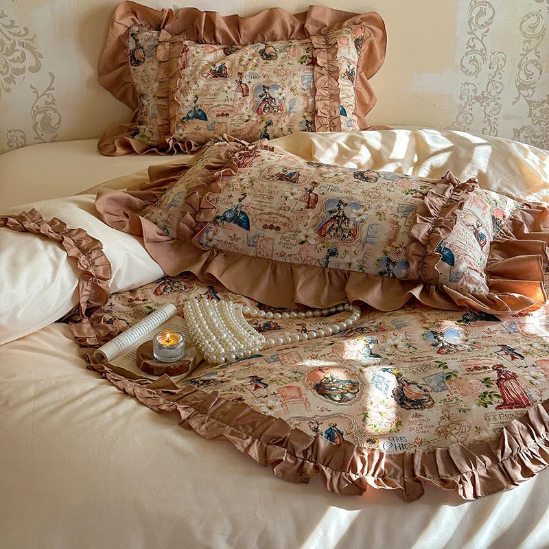Artfan 100% Cotton French Print Lace Ruffles Bedding Set - 4 Piece Bed Sets