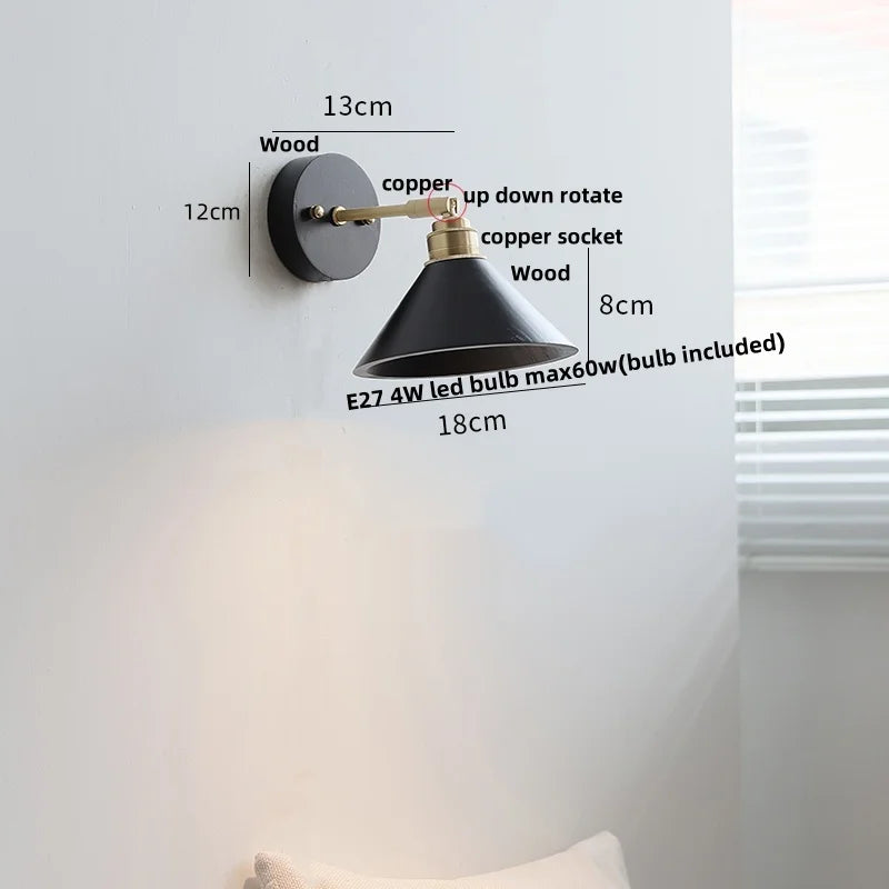 Artfan lighting Black Wood LED Wall Light with Pull Chain Switch, Rotating Japanese Style Bedside Lamp