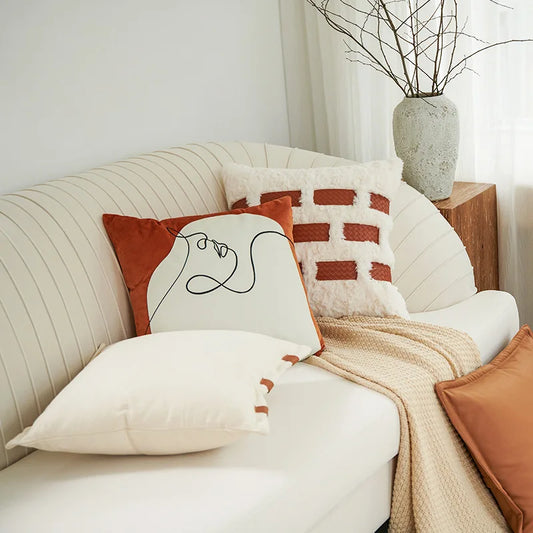 Artfan Abstract Plush Burnt Orange Embroidered Pillow Cover 45x45cm Ivory Decoration