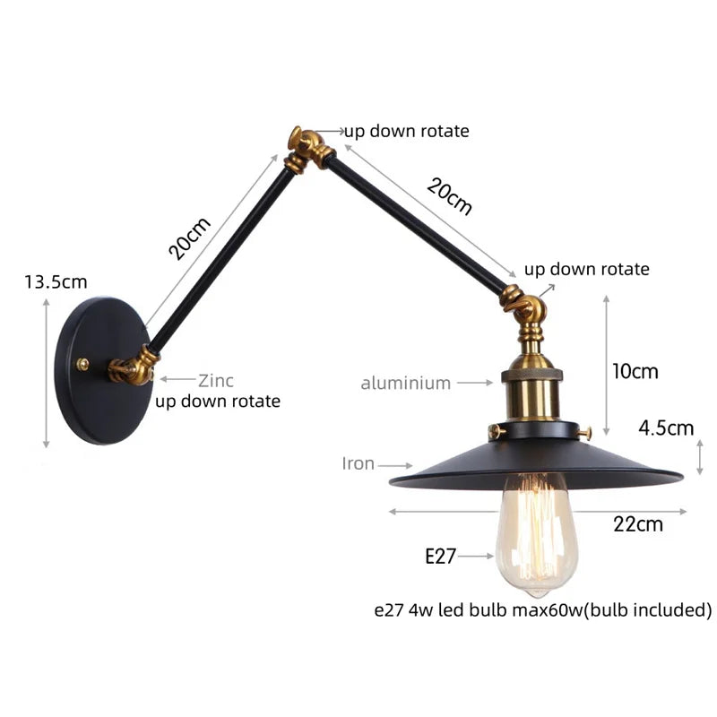 Artfan lighting Black Iron LED Wall Light Fixture Industrial Vintage Adjustable Long Arm