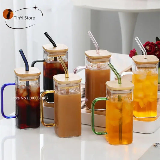 Artfan 350ML Square Mug with Lid & Straw, Colored Handle Layer Drinking Glass for Beverages