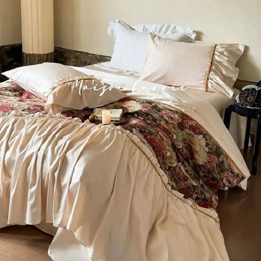 Artfan 100S Cotton Vintage Jacquard Lace Ruffles Print Bedding Set