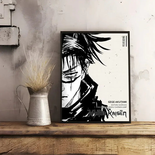 Black and white framed decorbites wall art featuring a stylized jujutsu kaisen anime character from j-jujutsues japan anime